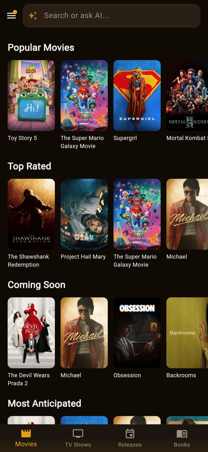 Cantinarr discover screen: a wall of trending movie posters